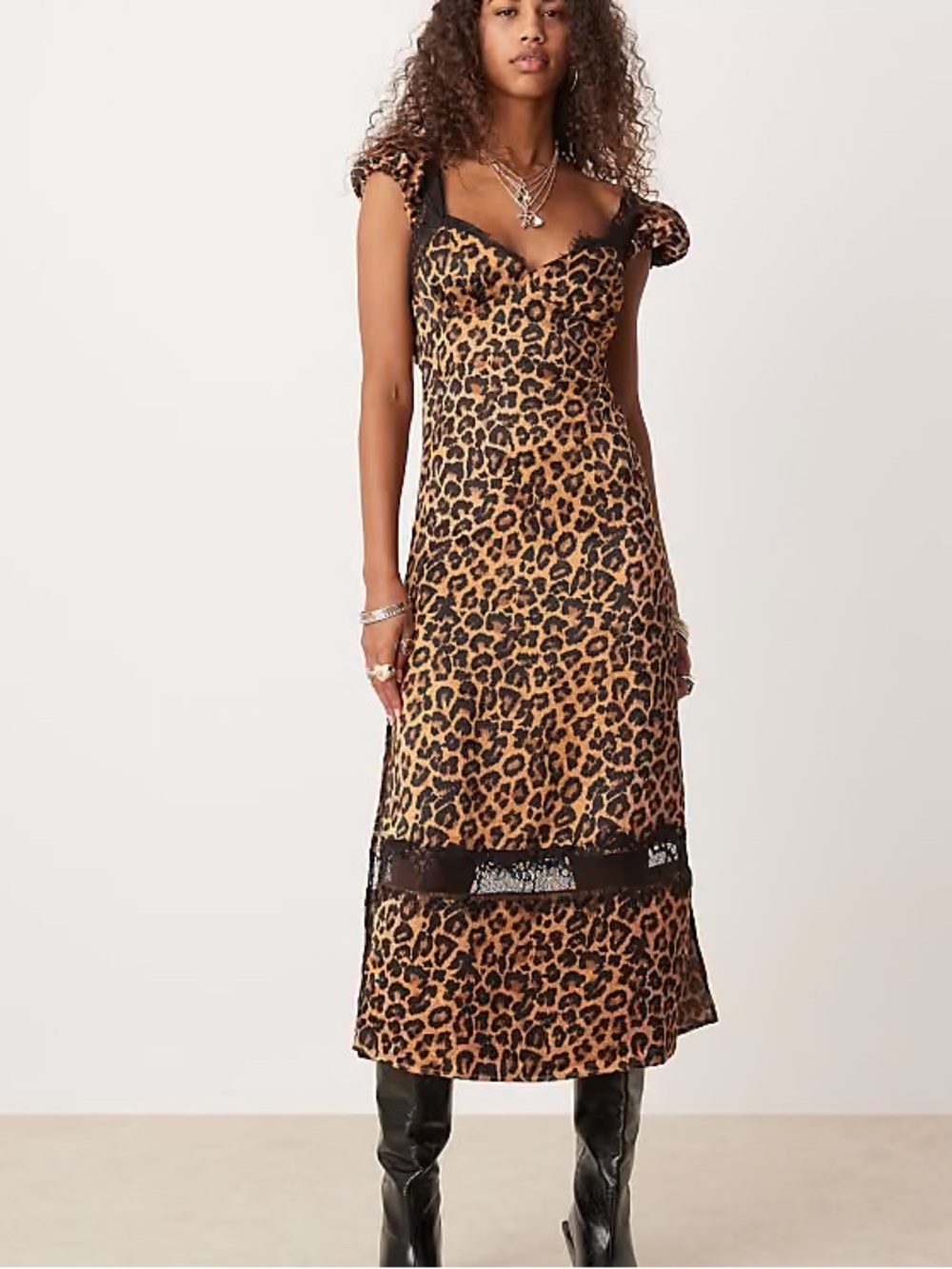 NWT Free People Leopard Print Lace-Trim Midi Dress $160 Lace Revolve Sz XS - Picture 2 of 5